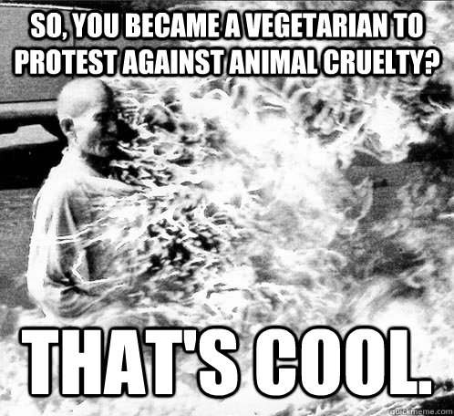 So, you became a vegetarian to protest against animal cruelty? That's cool.  Unimpressed Monk