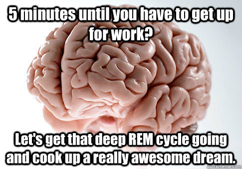 5 minutes until you have to get up for work? Let's get that deep REM cycle going and cook up a really awesome dream.   Scumbag Brain
