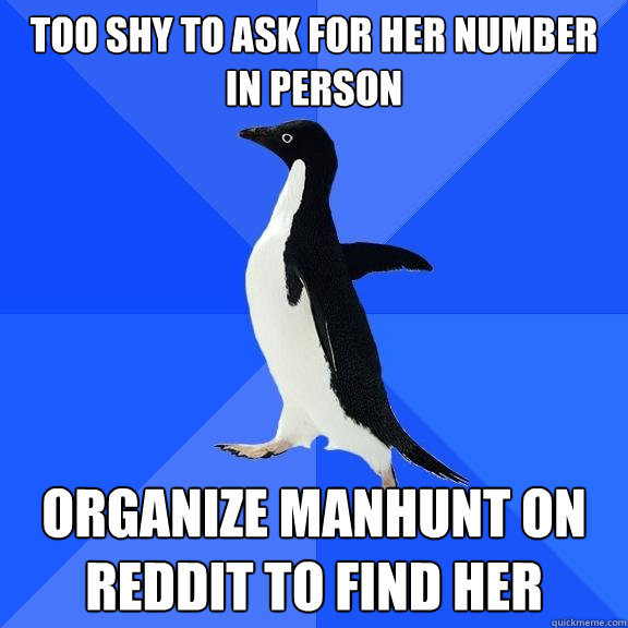 Too shy to ask for her number in person Organize manhunt on reddit to find her  Socially Awkward Penguin