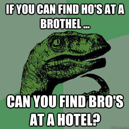 If you can find Ho's at a brothel ... can you find bro's at a hotel? - If you can find Ho's at a brothel ... can you find bro's at a hotel?  Philosoraptor