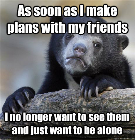 As soon as I make plans with my friends I no longer want to see them and just want to be alone - As soon as I make plans with my friends I no longer want to see them and just want to be alone  Confession Bear