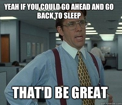 Yeah if you could go ahead and go back to sleep That'd be great - Yeah if you could go ahead and go back to sleep That'd be great  Bill Lumbergh