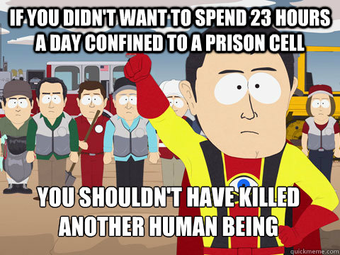 if you didn't want to spend 23 hours a day confined to a prison cell you shouldn't have killed another human being  Captain Hindsight