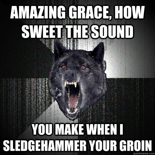 Amazing grace, how sweet the sound you make when i sledgehammer your groin  Insanity Wolf