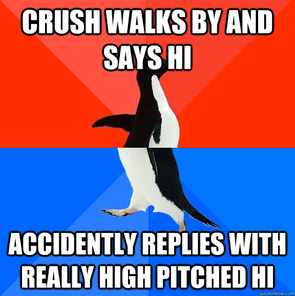 Crush walks by and says hi accidently replies with really high pitched hi  Socially Awesome Awkward Penguin