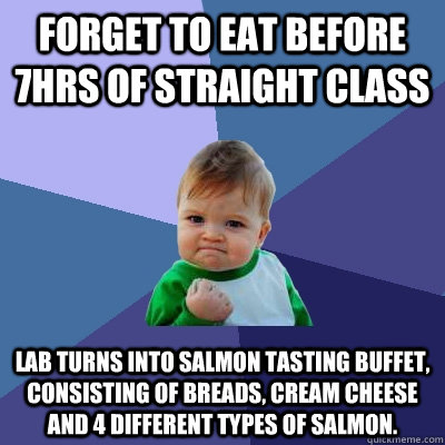 Forget to eat before 7hrs of straight class Lab turns into salmon tasting buffet, consisting of breads, cream cheese and 4 different types of salmon.  Success Kid