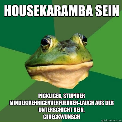 HouseKaramba sein Pickliger, stupider minderjaehrigenverfuehrer-lauch aus der unterschicht sein, 
glueckwunsch  Foul Bachelor Frog