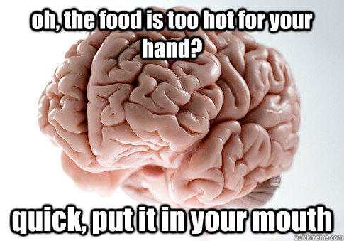 oh, the food is too hot for your hand? quick, put it in your mouth - oh, the food is too hot for your hand? quick, put it in your mouth  Scumbag Brain