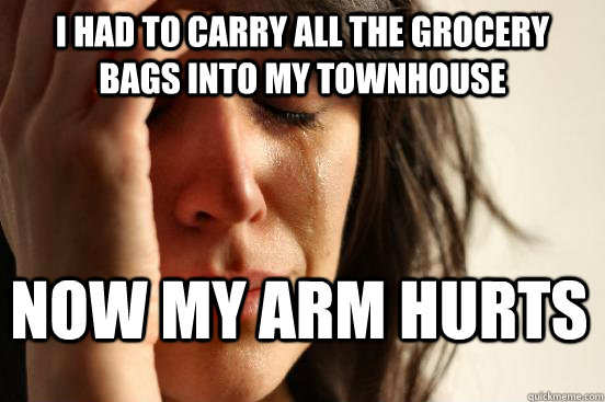 i had to carry all the grocery bags into my townhouse now my arm hurts  First World Problems