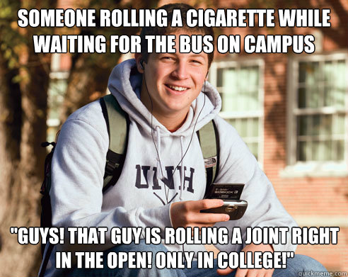 Someone rolling a cigarette while waiting for the bus on campus 