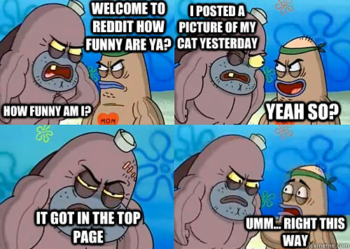 Welcome to Reddit how funny are ya? HOW FUNNY AM I? I posted a picture of my cat yesterday It got in the top Page Umm... Right this way Yeah so?  Salty Spitoon How Tough Are Ya