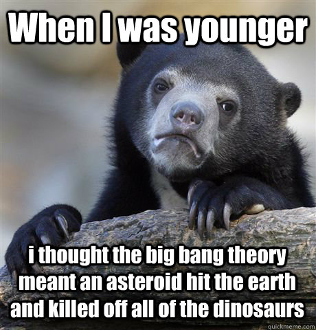 When I was younger i thought the big bang theory meant an asteroid hit the earth and killed off all of the dinosaurs - When I was younger i thought the big bang theory meant an asteroid hit the earth and killed off all of the dinosaurs  Confession Bear