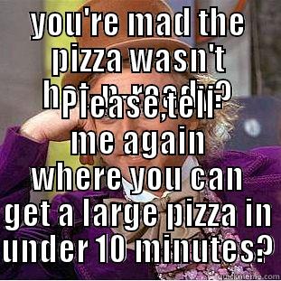 YOU'RE MAD THE PIZZA WASN'T HOT-N-READY? PLEASE,TELL ME AGAIN WHERE YOU CAN GET A LARGE PIZZA IN UNDER 10 MINUTES? Condescending Wonka