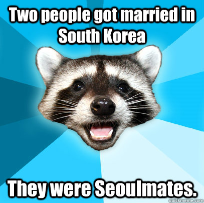 Two people got married in South Korea They were Seoulmates. - Two people got married in South Korea They were Seoulmates.  Lame Pun Coon