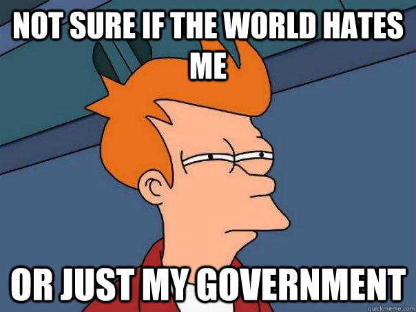 Not sure if the world hates me or just my government  Futurama Fry