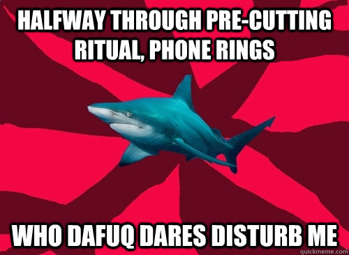 halfway through pre-cutting ritual, phone rings who dafuq dares disturb me  Self-Injury Shark