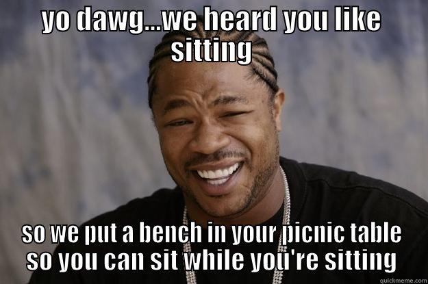 YO DAWG...WE HEARD YOU LIKE SITTING SO WE PUT A BENCH IN Y PICNIC TABLE SO YOU CAN SIT WHILE YOU'RE SITTING Xzibit meme