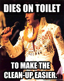 Dies on toilet To make the clean-up easier.  Good Guy Elvis