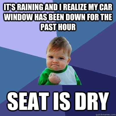 it's raining and I realize my car window has been down for the past hour seat is dry  Success Kid