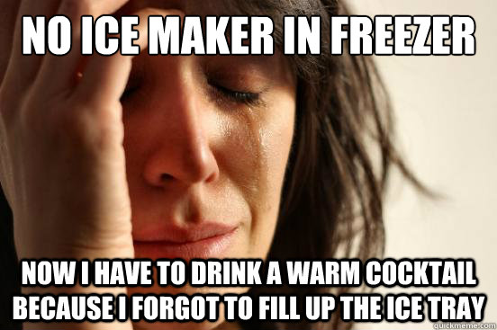 No ice maker in freezer Now I have to drink a warm cocktail because I forgot to fill up the ice tray  First World Problems