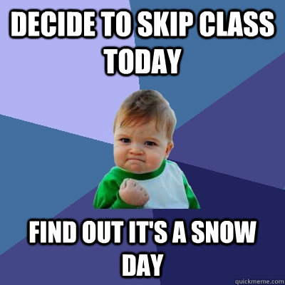 Decide to skip class today Find out it's a snow day  Success Kid