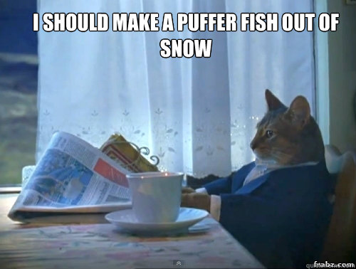 I should make a puffer fish out of snow   Contemplative Breakfast Cat