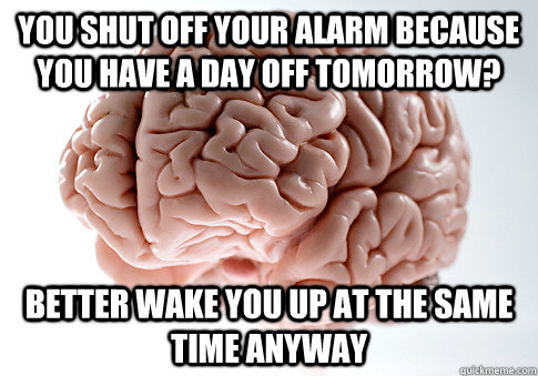 you shut off your alarm because you have a day off tomorrow? better wake you up at the same time anyway  Scumbag Brain