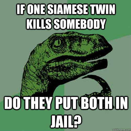 if one siamese twin kills somebody do they put both in jail? - if one siamese twin kills somebody do they put both in jail?  Philosoraptor