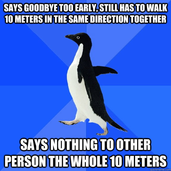 Says goodbye too early, still has to walk 10 meters in the same direction together says nothing to other person the whole 10 meters  Socially Awkward Penguin