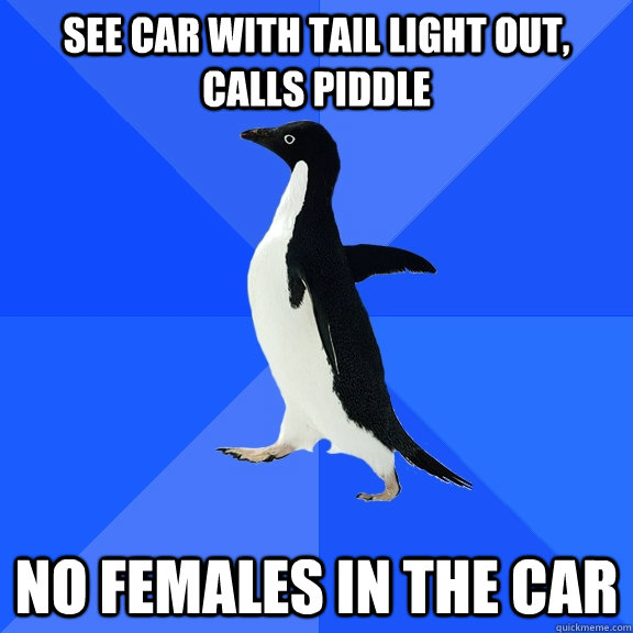 See car with tail light out, calls piddle  no females in the car   Socially Awkward Penguin