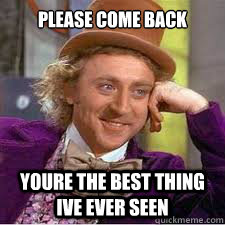 please come back youre the best thing ive ever seen  WILLY WONKA SARCASM
