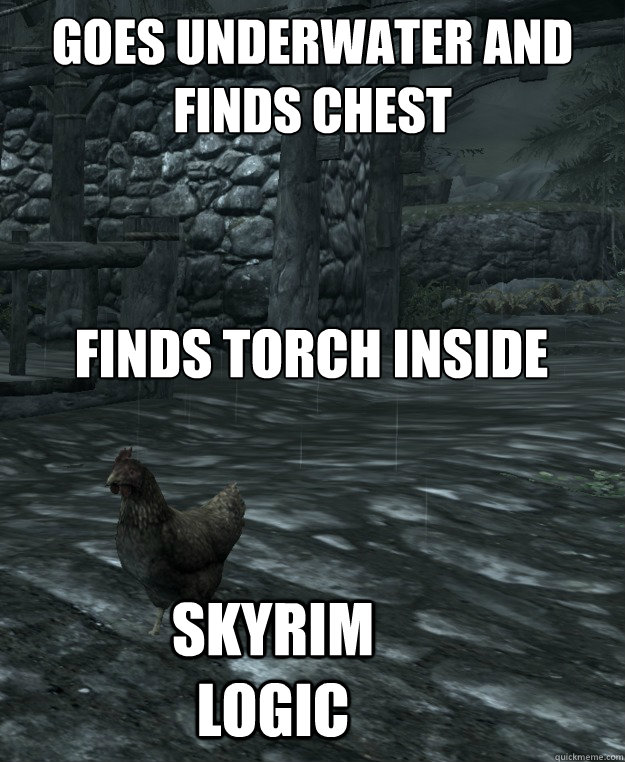 goes underwater and finds chest
 finds torch inside skyrim logic  Skyrim Logic
