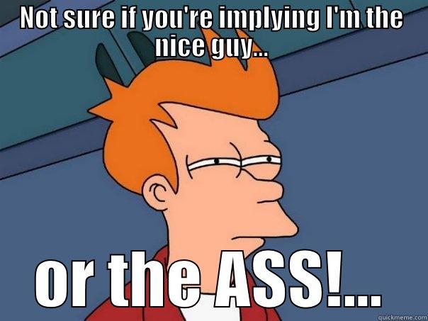 NOT SURE IF YOU'RE IMPLYING I'M THE NICE GUY... OR THE ASS!... Futurama Fry