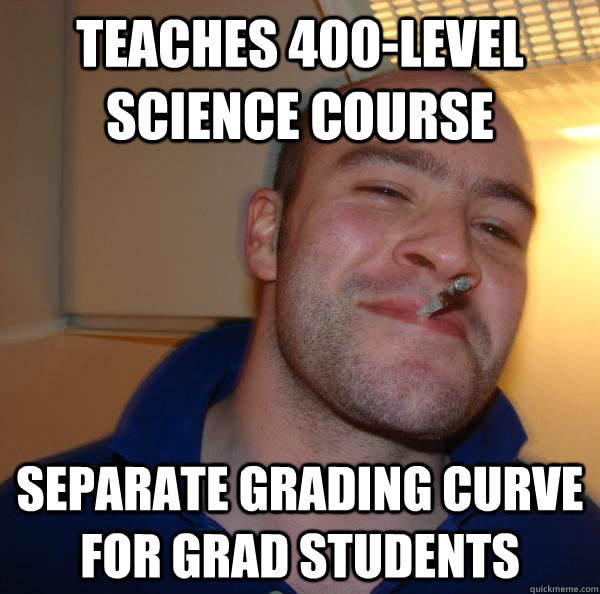TEACHES 400LEVEL SCIENCE COURSE SEPARATE GRADING CURVE FOR GRAD