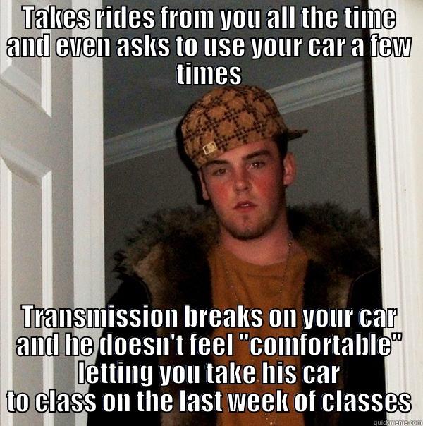 TAKES RIDES FROM YOU ALL THE TIME AND EVEN ASKS TO USE YOUR CAR A FEW TIMES TRANSMISSION BREAKS ON YOUR CAR AND HE DOESN'T FEEL 