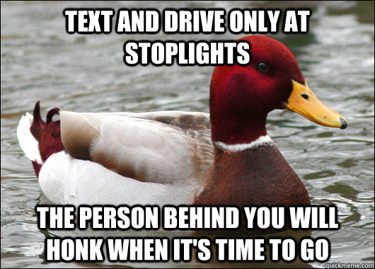 Text and drive only at stoplights The person behind you will honk when it's time to go  Malicious Advice Mallard