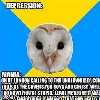 Depression: Mania: oh my god did you see that move!  that guy who plays thor is so amazingly hot oh my god I got this great idea for a book.  or maybe it was a comic book.  do you like fried chicken?  oh my god let's get fried chicken! I want you to want   Bipolar Owl