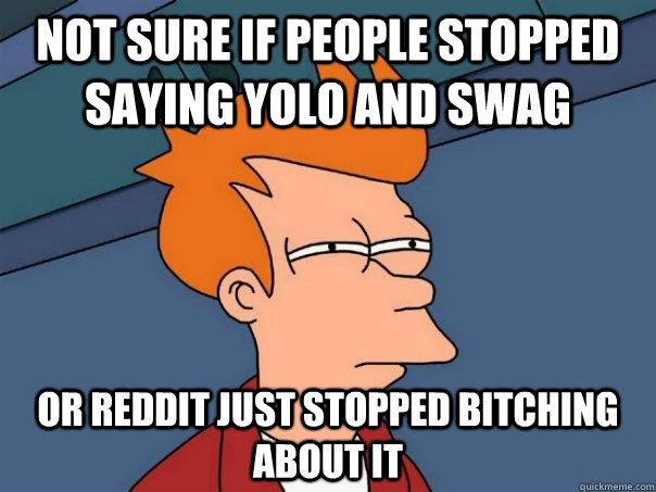 Not sure if people stopped saying YOLO and Swag Or reddit just stopped bitching about it    Futurama Fry