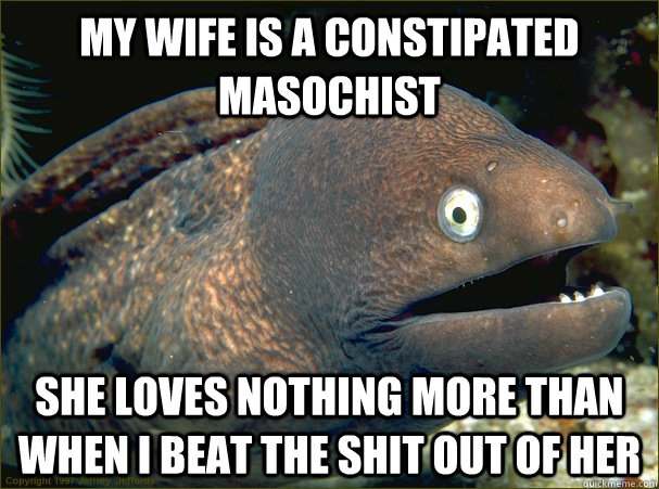 my wife is a constipated masochist she loves nothing more than when i beat the shit out of her  Bad Joke Eel