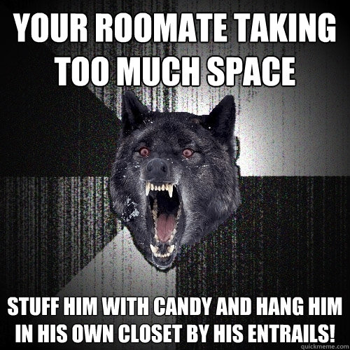 Your roomate taking too much space Stuff him with candy and hang him in his own closet by his entrails!  Insanity Wolf