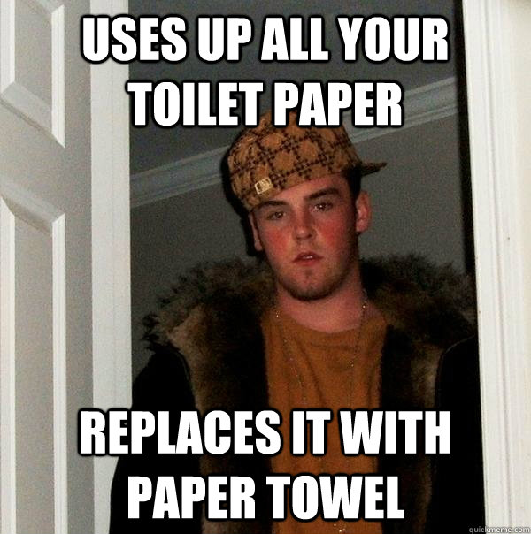 Uses up all your toilet paper replaces it with paper towel  Scumbag Steve