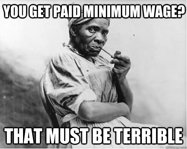 You get paid minimum wage? That must be terrible  Unimpressed Slave