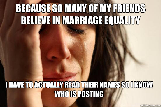 because So many of my friends believe in marriage equality i have to actually read their names so i know who is posting  FirstWorldProblems