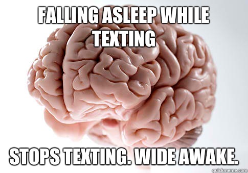 Falling asleep while texting Stops texting. Wide awake.  Scumbag Brain