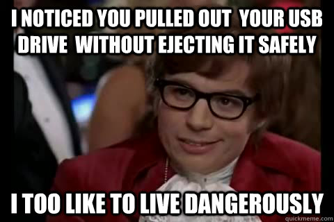 I noticed you pulled out  your USB drive  without ejecting it safely i too like to live dangerously - I noticed you pulled out  your USB drive  without ejecting it safely i too like to live dangerously  Dangerously - Austin Powers