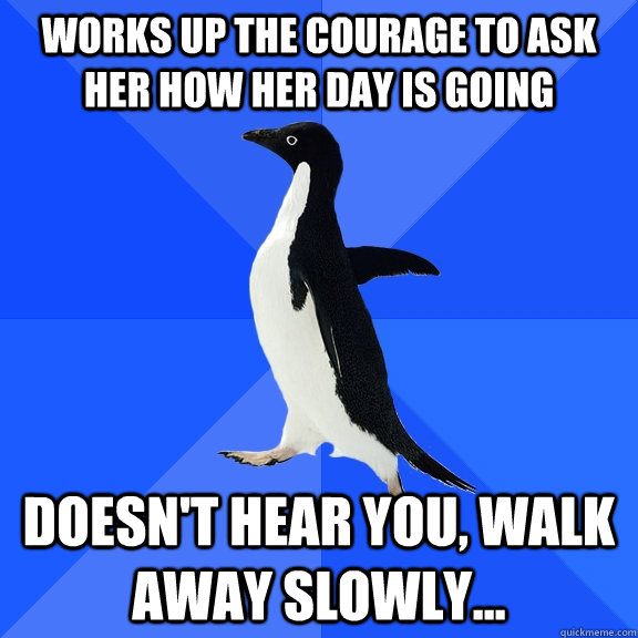 works up the courage to ask her how her day is going doesn't hear you, walk away slowly...  Socially Awkward Penguin