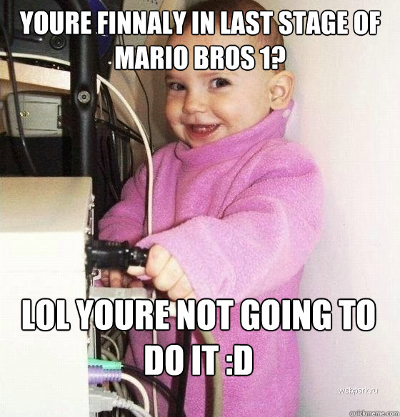 you´re finnaly in last stage of mario bros 1? lol you´re not going to do it :D  Troll Baby