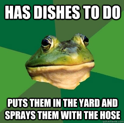 Has dishes to do Puts them in the yard and sprays them with the hose  Foul Bachelor Frog
