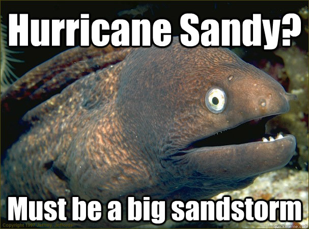 Hurricane Sandy? Must be a big sandstorm  Bad Joke Eel