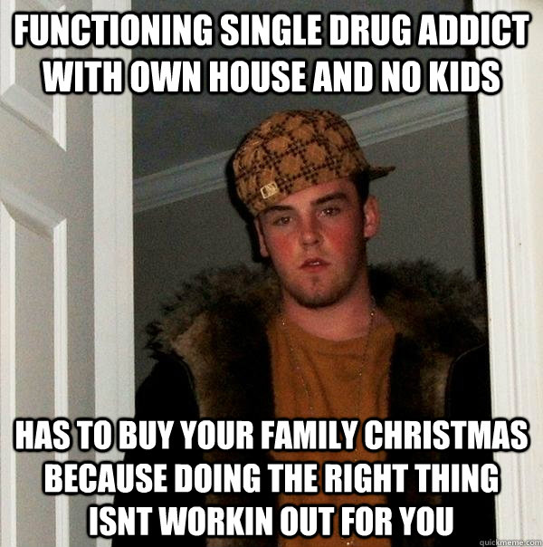 functioning single drug addict with own house and no kids has to buy your family christmas Because doing the right thing isnt workin out for you   Scumbag Steve